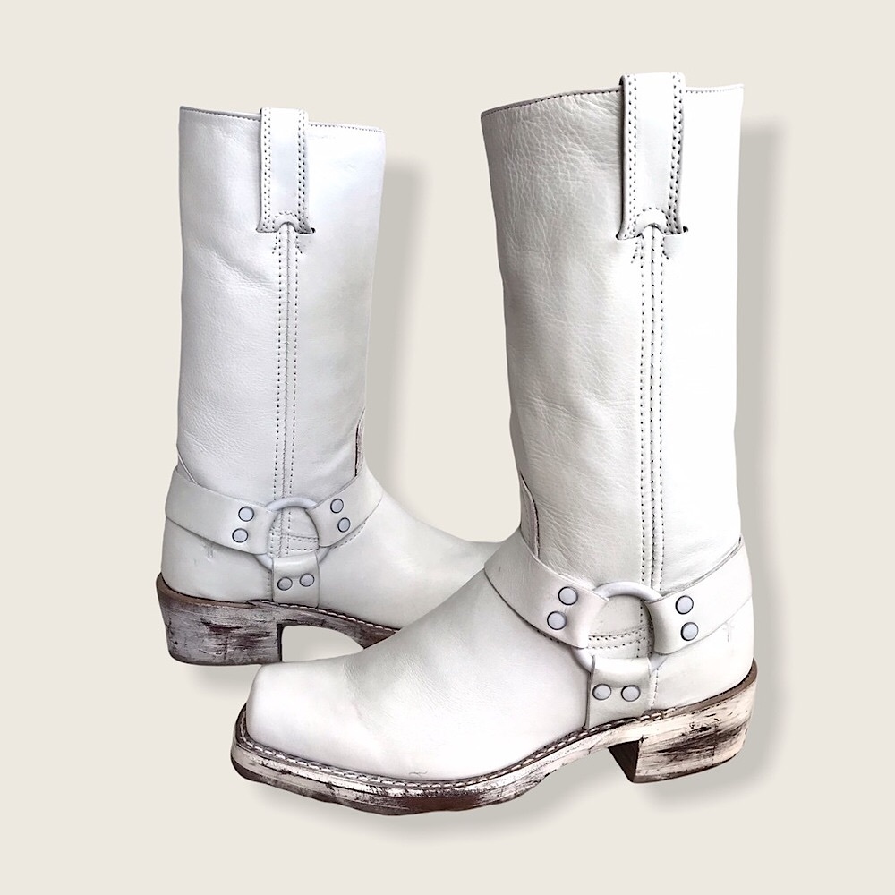 Frye Harness 12R White Distressed Biker Calf Boots - Picture 6 of 16